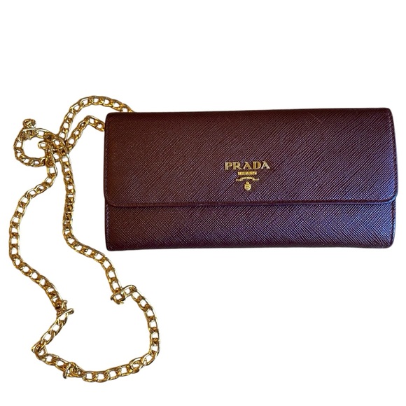 PRADA Maroon Saffiano Leather Flap Close Gold Tone Kisslock Continental Wallet - Picture 1 of 16